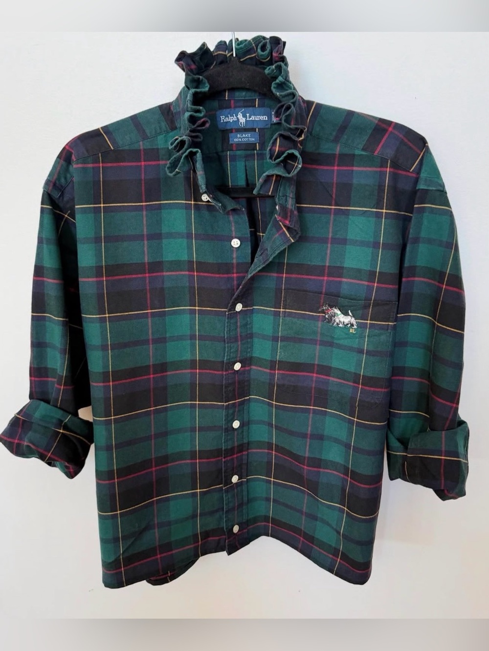 Ralph Lauren Green and Black Plaid Button-Down Shirt with Ruffle Collar